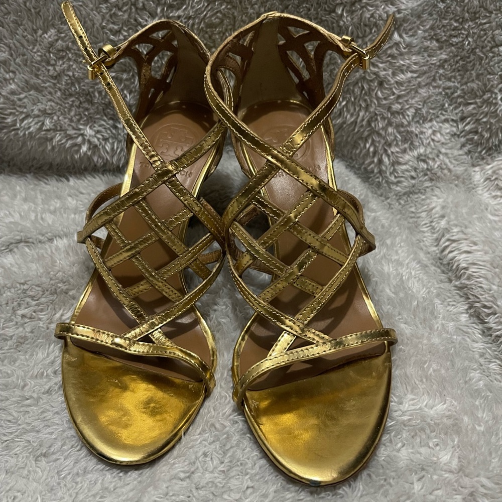 Tory Burch Metallic Gold Strappy Heeled Sandals